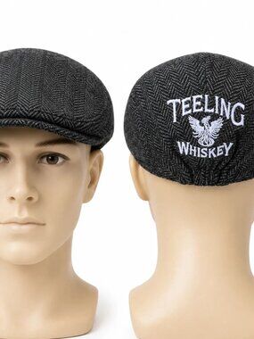 Teeling Whiskey Logo Ireland Flat Cap Hat Black Herringbone Stretch Gray EUC